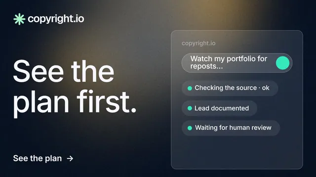 Landscape graphic for copyright.io: "See the plan first." Minimal luxury style, bottom layout, dark palette in black, blue, grey.
