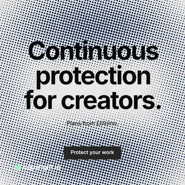 Instagram post for copyright.io: "Continuous protection for creators." Swiss style, centred layout, light palette in grey, white.