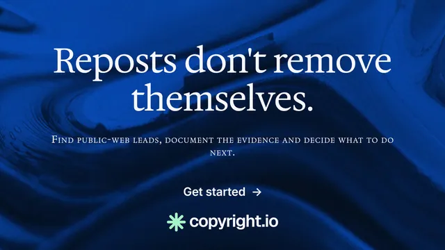 Landscape graphic for copyright.io: "Reposts don't remove themselves." Agentic glass style, smallcaps layout, dark palette in blue, black.