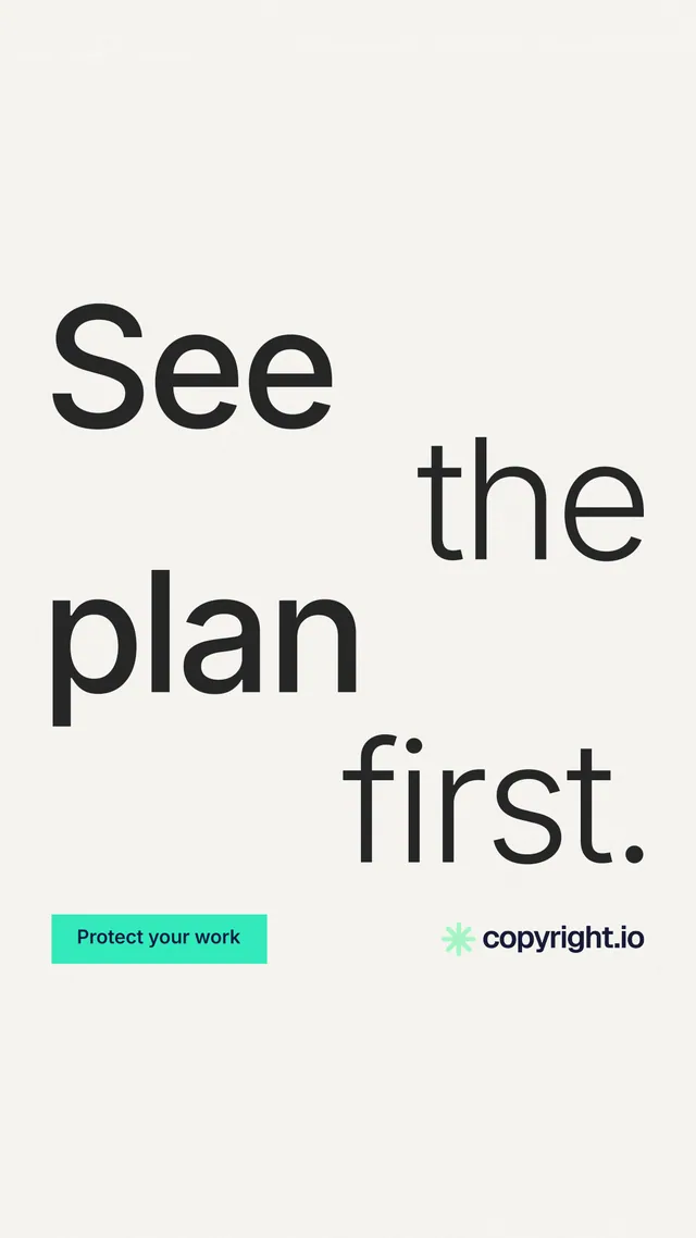 Instagram story for copyright.io: "See the plan first." Swiss style, stacked layout, light palette in white, grey.