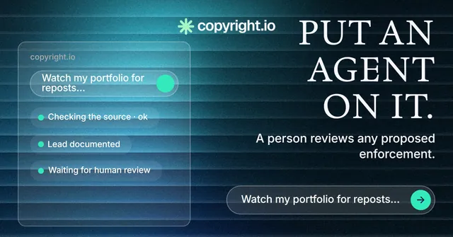 Social ad for copyright.io: "Put an agent on it." Agentic glass style, right layout, dark palette in teal, blue, black.