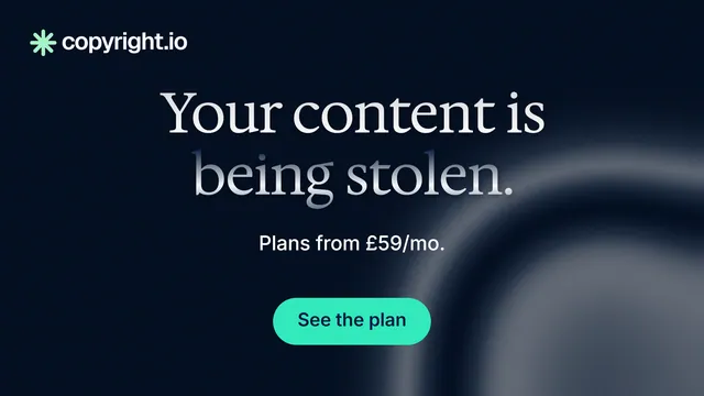 Landscape graphic for copyright.io: "Your content is being stolen." Y2K style, centred layout, dark palette in black, grey, blue.