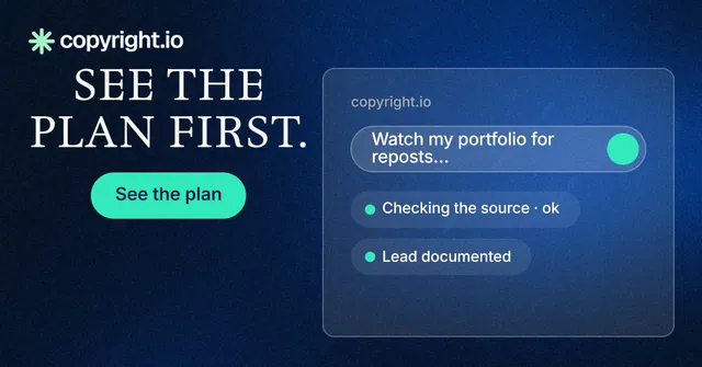 Social ad for copyright.io: "See the plan first." Agentic glass style, skeleton layout, dark palette in blue, black.