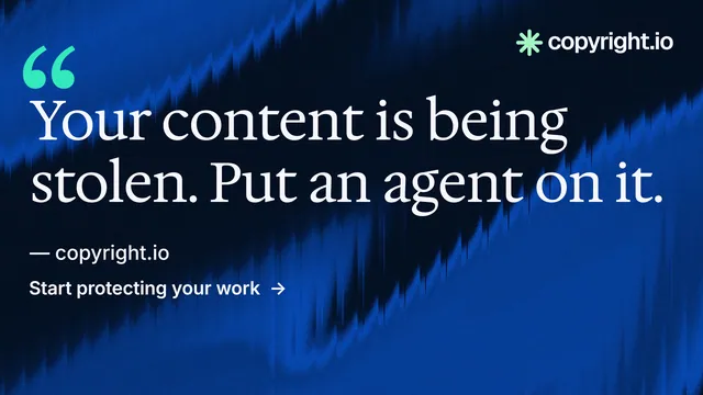 Landscape graphic for copyright.io: "Evidence, documented." Minimal luxury style, quote layout, dark palette in black, blue.