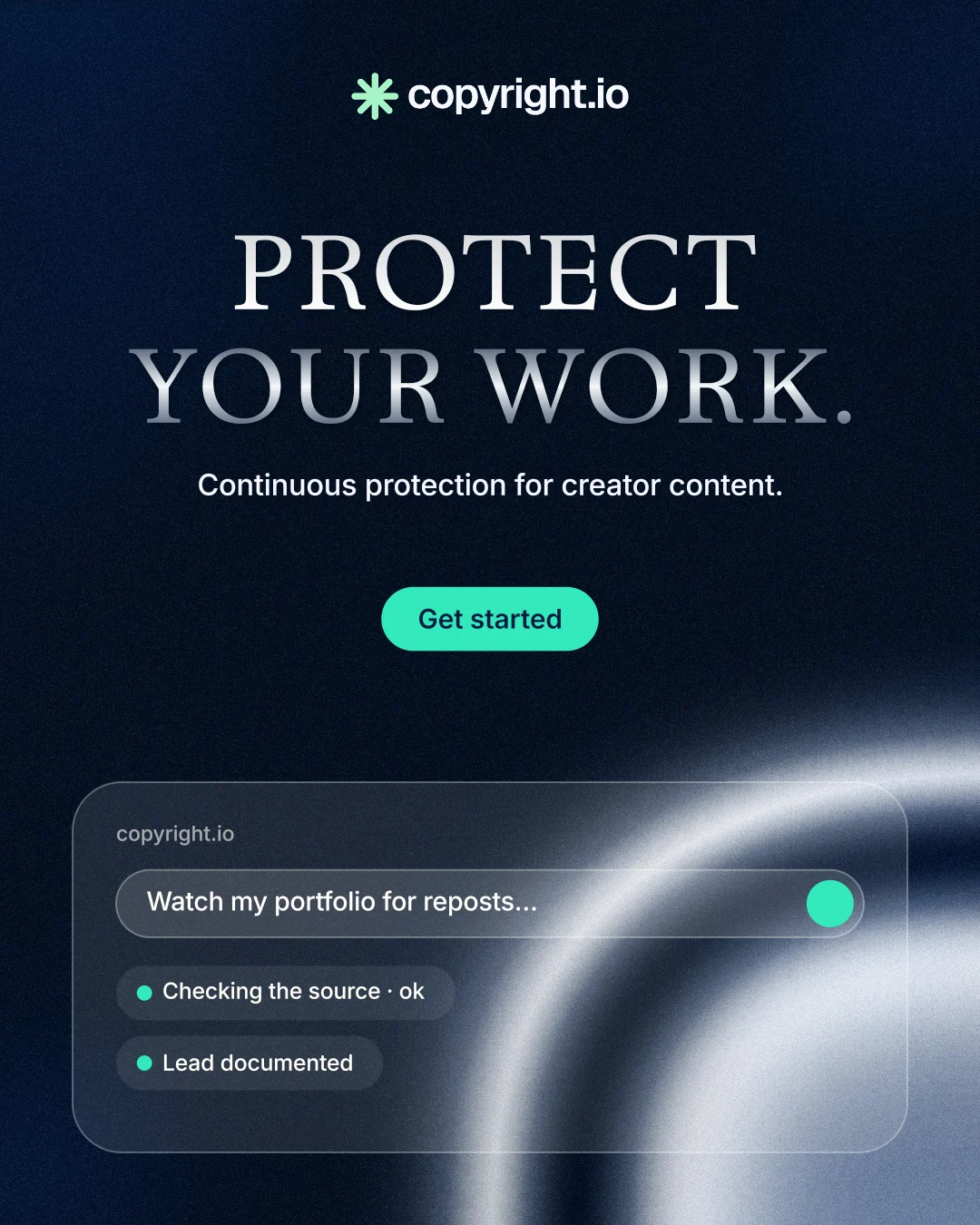 Instagram portrait post for copyright.io: "Protect your work." Y2K style, centred layout, dark palette in black, blue, grey.
