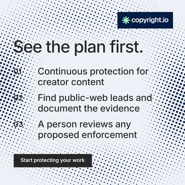 Instagram post for copyright.io: "See the plan first." Split block style, numbered layout, light palette in white, blue, grey.
