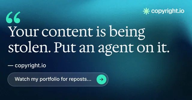 Social ad for copyright.io: "Find your reposted work." Agentic glass style, quote layout, dark palette in black, blue, teal.