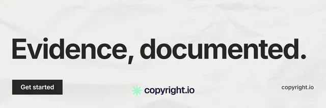 X header for copyright.io: "Evidence, documented." Swiss style, poster layout, light palette in white, grey.