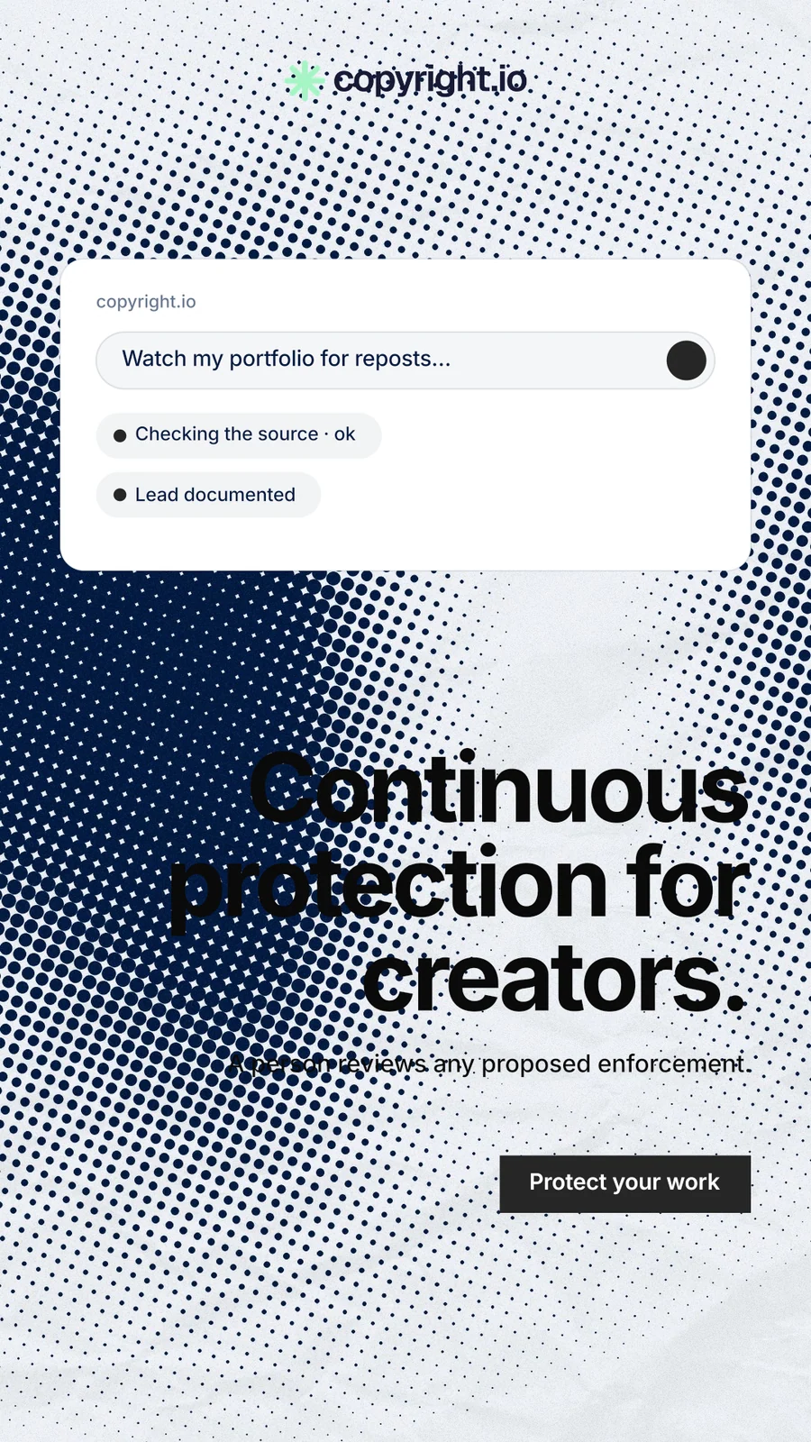 Instagram story for copyright.io: "Continuous protection for creators." Swiss style, right layout, light palette in white, blue, grey.