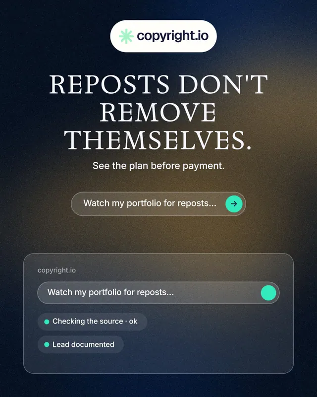 Instagram portrait post for copyright.io: "Reposts don't remove themselves." Agentic glass style, centred layout, dark palette in blue, black, grey.