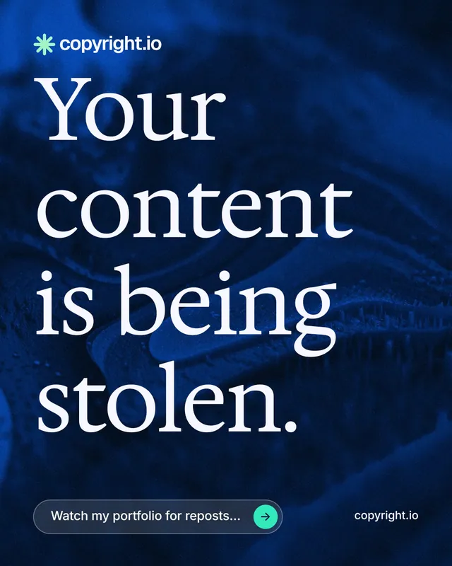 Instagram portrait post for copyright.io: "Your content is being stolen." Agentic glass style, poster layout, dark palette in blue, black.