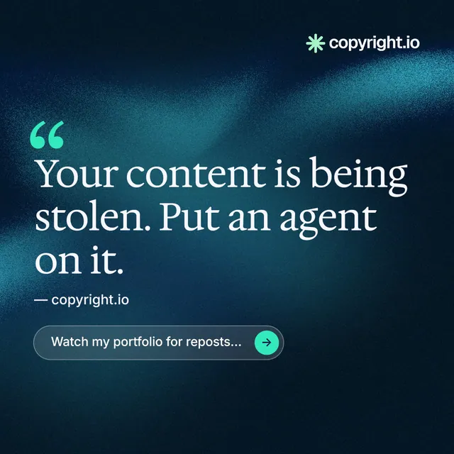 Instagram post for copyright.io: "Your content is being stolen." Agentic glass style, quote layout, dark palette in blue, black.