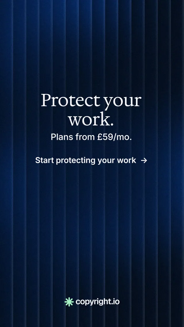 Instagram story for copyright.io: "Protect your work." Minimal luxury style, skeleton layout, dark palette in black, blue.