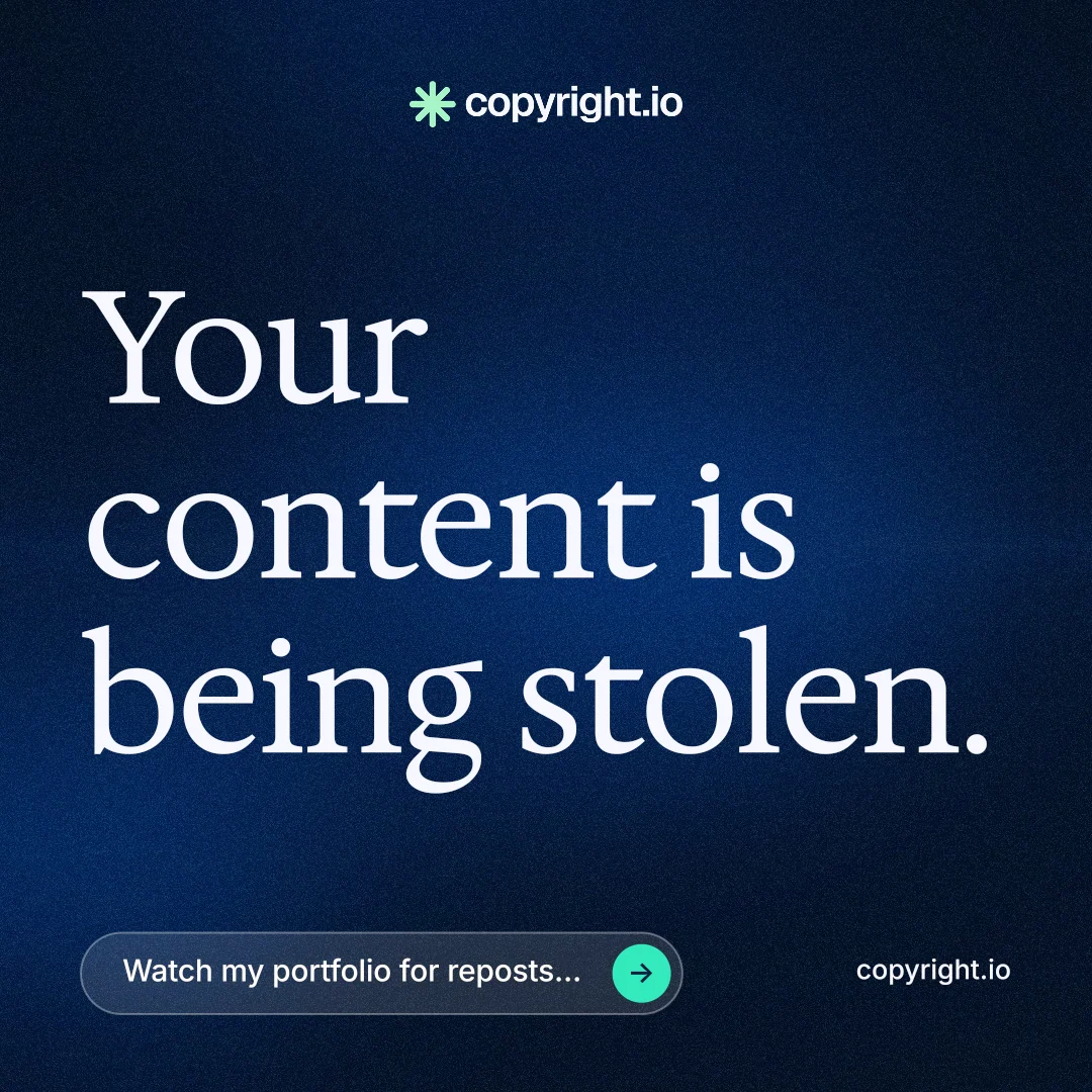 Instagram post for copyright.io: "Your content is being stolen." Agentic glass style, poster layout, dark palette in blue, black.