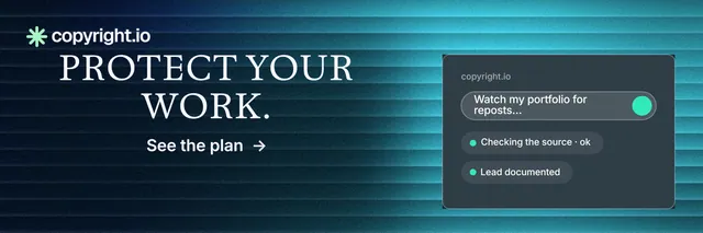 X header for copyright.io: "Protect your work." Minimal luxury style, skeleton layout, dark palette in blue, black, teal.