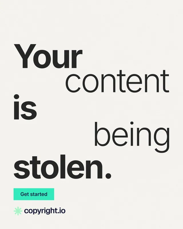 Instagram portrait post for copyright.io: "Your content is being stolen." Swiss style, stacked layout, light palette in white, grey.