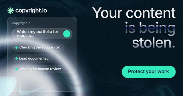 Social ad for copyright.io: "Your content is being stolen." Y2K style, right layout, dark palette in teal, black, blue.