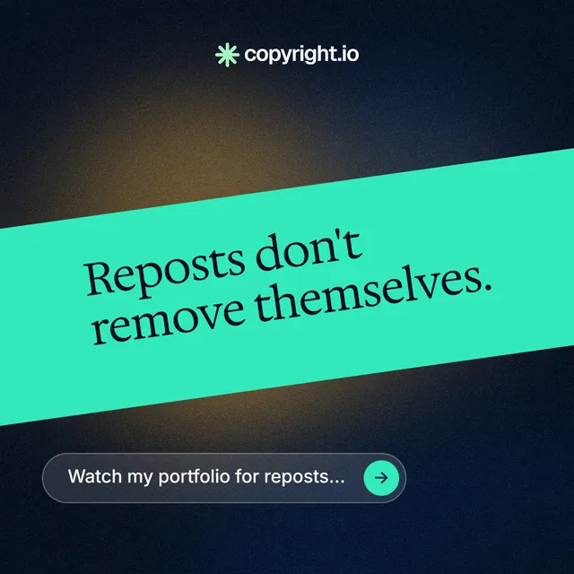 Instagram post for copyright.io: "Reposts don't remove themselves." Agentic glass style, diagonal layout, dark palette in teal, blue, black.