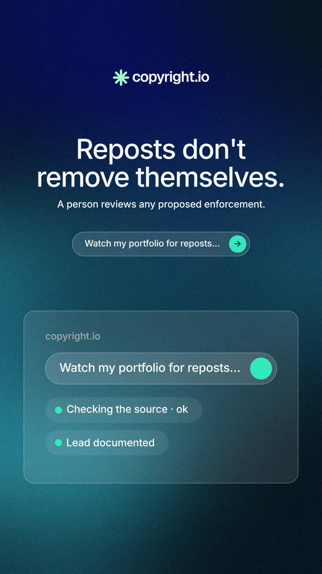 Instagram story for copyright.io: "Reposts don't remove themselves." Agentic glass style, centred layout, dark palette in blue, teal.