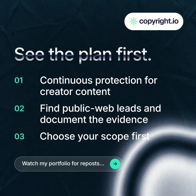 Instagram post for copyright.io: "See the plan first." Agentic glass style, numbered layout, dark palette in black, grey, blue.