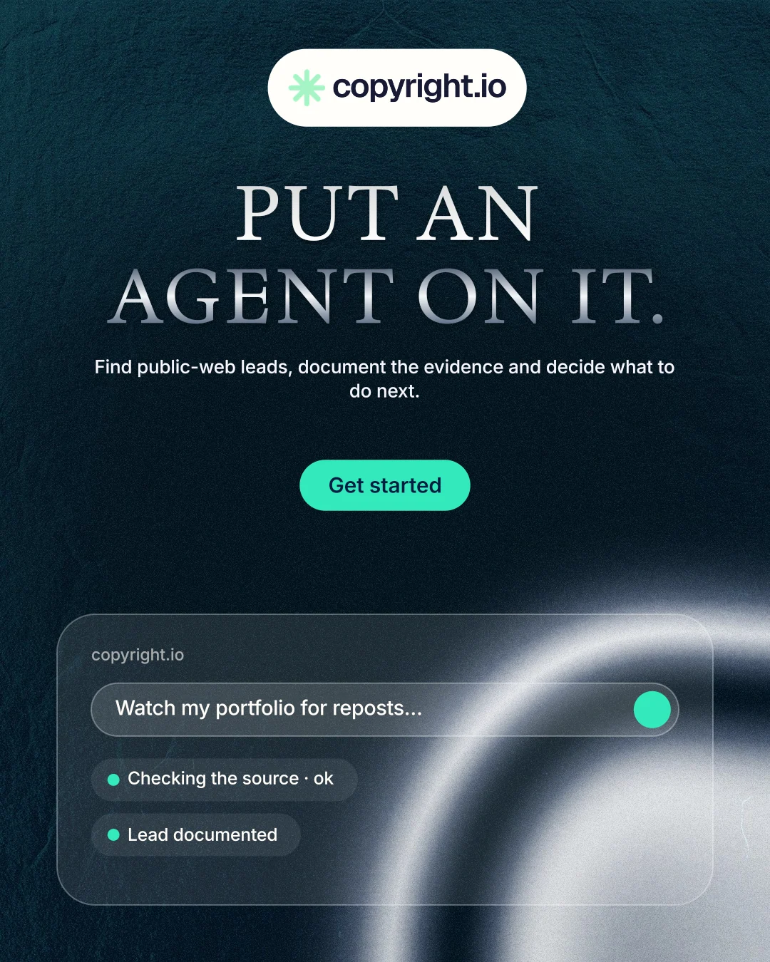 Instagram portrait post for copyright.io: "Put an agent on it." Y2K style, centred layout, dark palette in black, blue, grey.