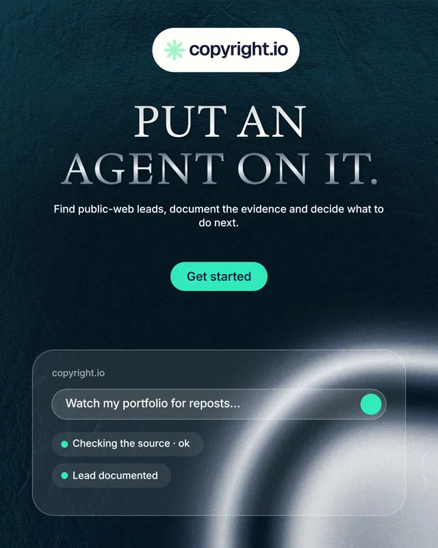 Instagram portrait post for copyright.io: "Put an agent on it." Y2K style, centred layout, dark palette in black, blue, grey.