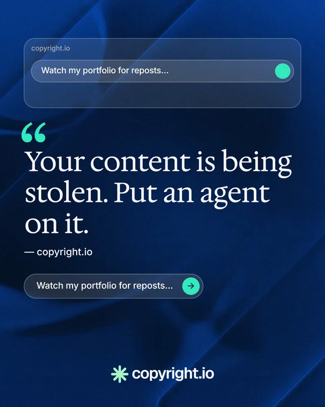 Instagram portrait post for copyright.io: "Evidence, documented." Agentic glass style, quote layout, dark palette in blue.