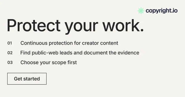 Social ad for copyright.io: "Protect your work." Editorial style, numbered layout, light palette in white, grey.