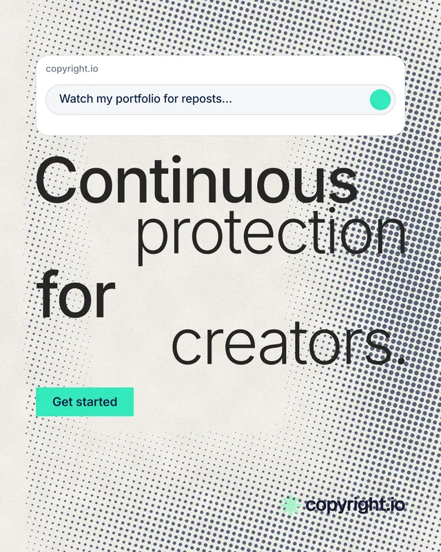 Instagram portrait post for copyright.io: "Continuous protection for creators." Retro print style, stacked layout, light palette in white, yellow, grey.