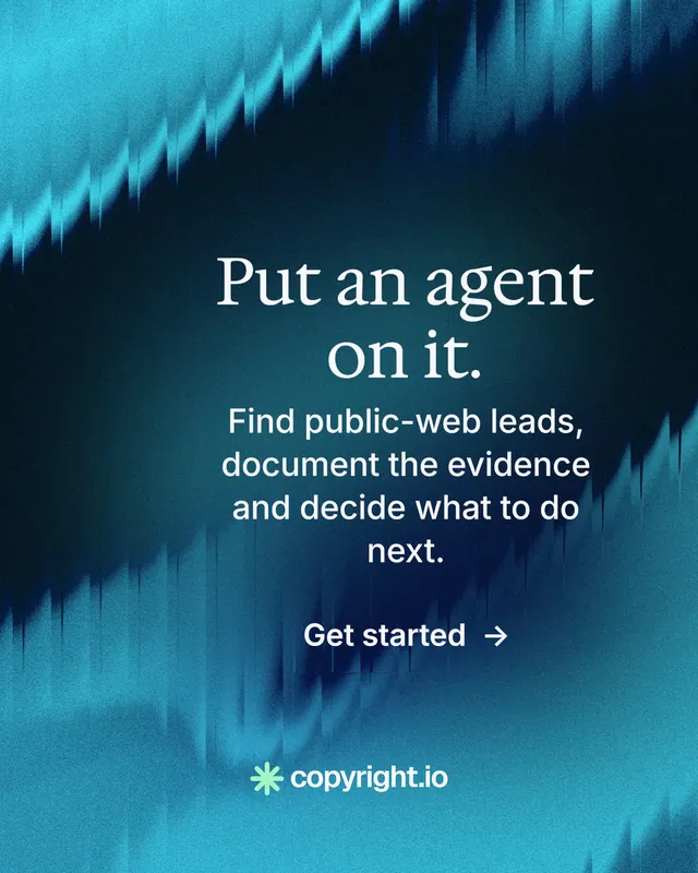 Instagram portrait post for copyright.io: "Put an agent on it." Minimal luxury style, skeleton layout, dark palette in black, blue, teal.