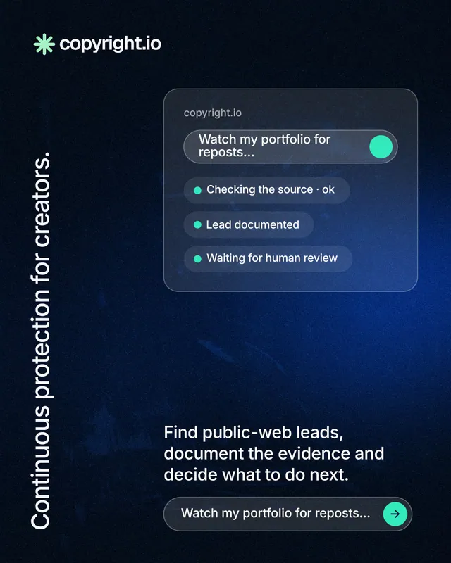 Instagram portrait post for copyright.io: "Continuous protection for creators." Agentic glass style, vertical layout, dark palette in blue, black.