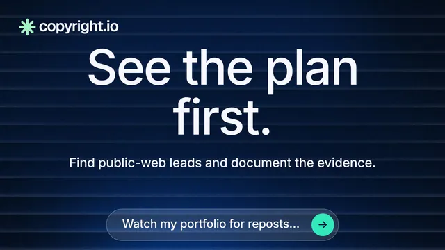 Landscape graphic for copyright.io: "See the plan first." Agentic glass style, centred layout, dark palette in blue, black.