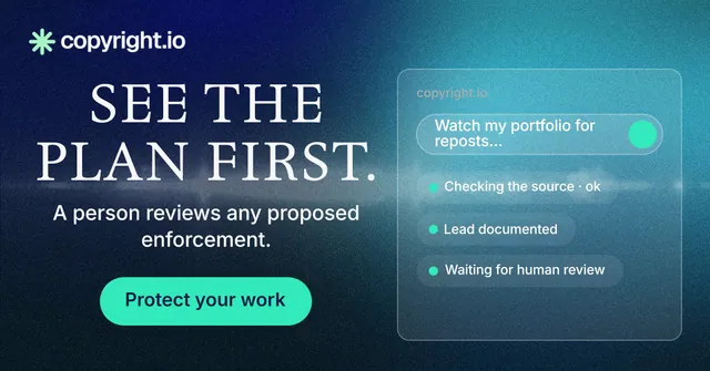 Social ad for copyright.io: "See the plan first." Agentic glass style, skeleton layout, dark palette in blue, teal.
