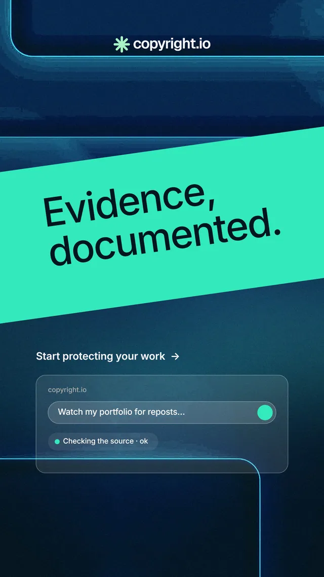 Instagram story for copyright.io: "Evidence, documented." Minimal luxury style, diagonal layout, dark palette in blue, black, teal.