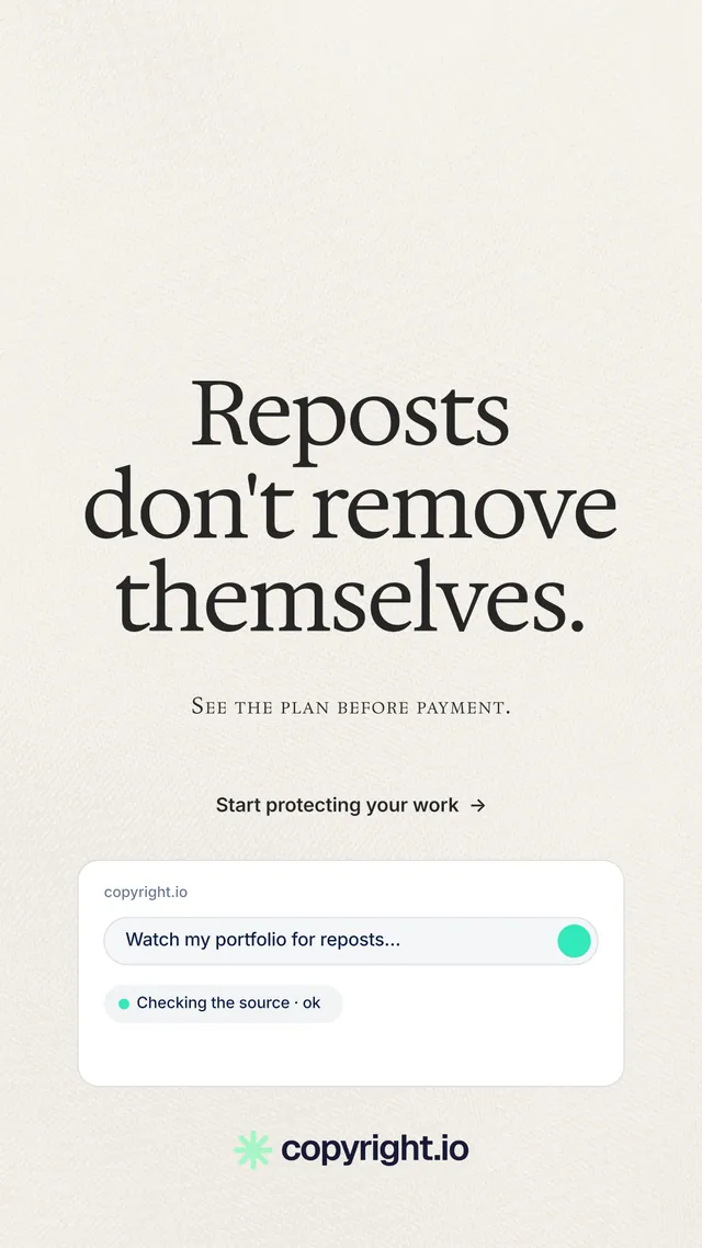 Instagram story for copyright.io: "Reposts don't remove themselves." Minimal luxury style, smallcaps layout, light palette in white, grey.