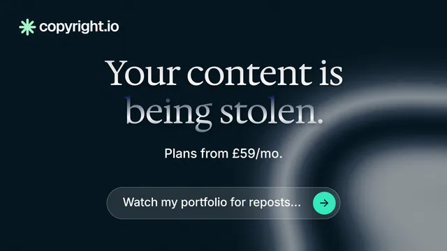 Landscape graphic for copyright.io: "Your content is being stolen." Agentic glass style, centred layout, dark palette in black, grey, blue.