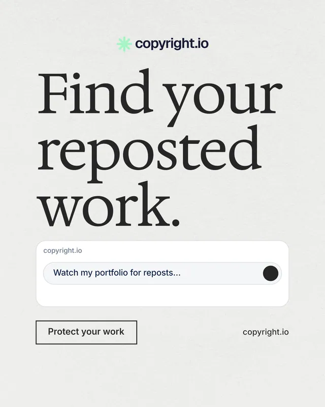 Instagram portrait post for copyright.io: "Find your reposted work." Editorial style, poster layout, light palette in white, grey.