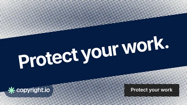 Landscape graphic for copyright.io: "Protect your work." Swiss style, diagonal layout, dark palette in blue, grey.