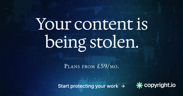 Social ad for copyright.io: "Your content is being stolen." Agentic glass style, smallcaps layout, dark palette in blue, black.