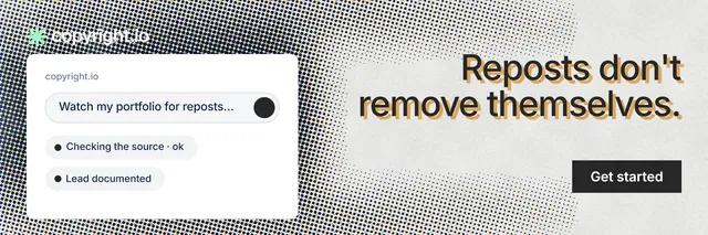 X header for copyright.io: "Reposts don't remove themselves." Swiss style, right layout, light palette in white, grey.