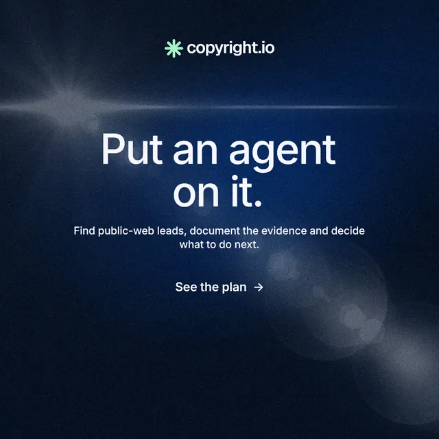 Instagram post for copyright.io: "Put an agent on it." Minimal luxury style, centred layout, dark palette in black, blue.