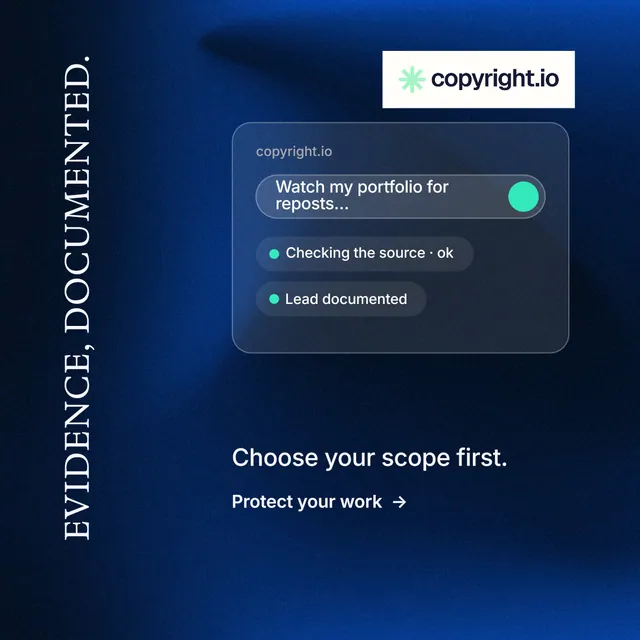 Instagram post for copyright.io: "Evidence, documented." Minimal luxury style, vertical layout, dark palette in blue, black.