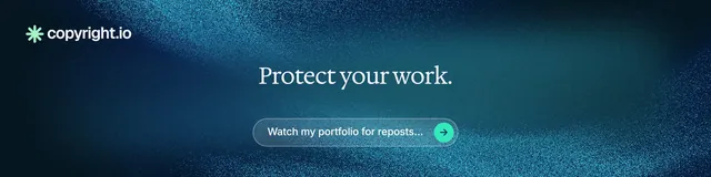 LinkedIn banner for copyright.io: "Protect your work." Agentic glass style, centred layout, dark palette in blue, black.