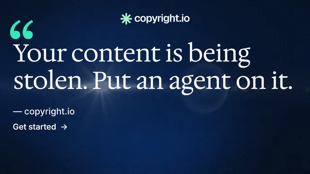 Landscape graphic for copyright.io: "Put an agent on it." Minimal luxury style, quote layout, dark palette in blue, black.