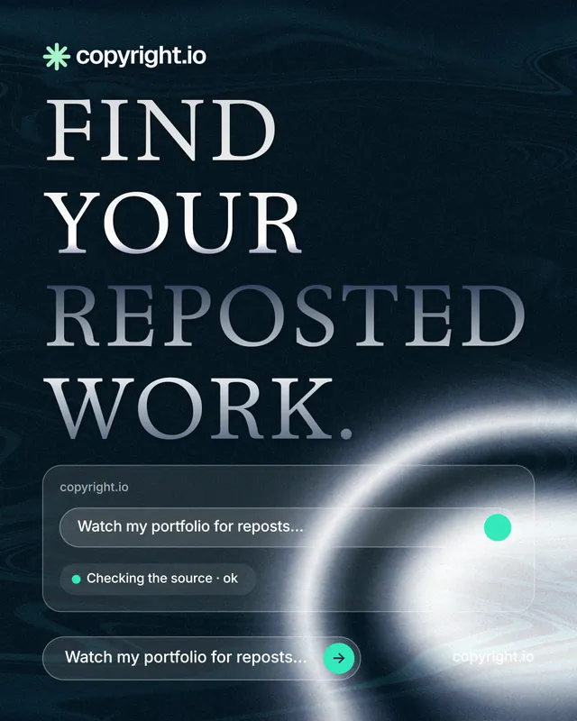 Instagram portrait post for copyright.io: "Find your reposted work." Agentic glass style, poster layout, dark palette in black, blue, grey.