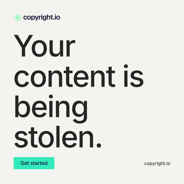 Instagram post for copyright.io: "Your content is being stolen." Swiss style, poster layout, light palette in white, grey.