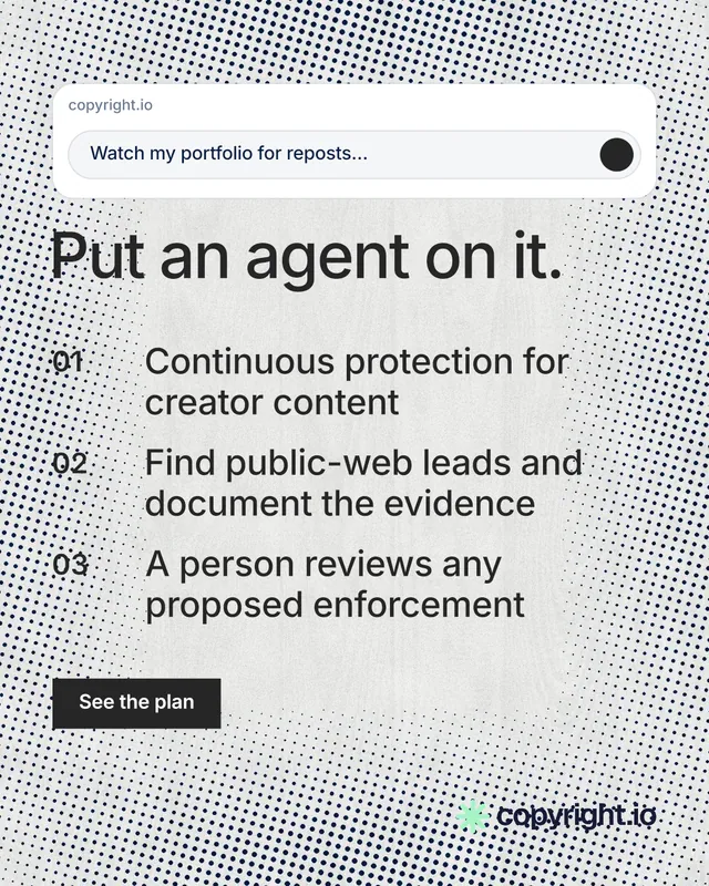 Instagram portrait post for copyright.io: "Put an agent on it." Swiss style, numbered layout, light palette in white, grey.
