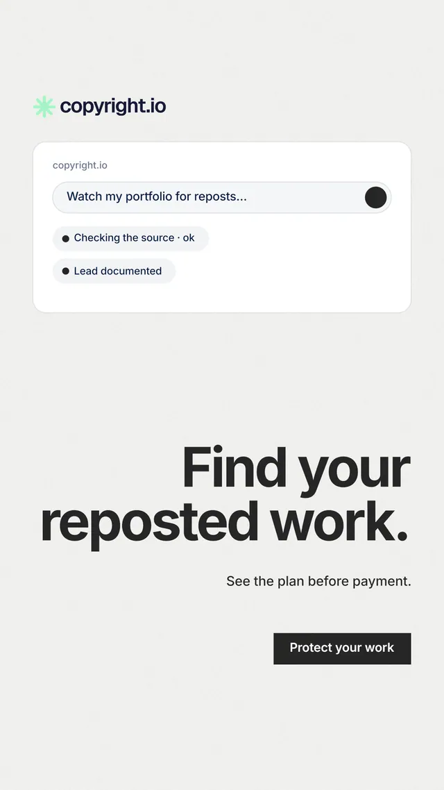 Instagram story for copyright.io: "Find your reposted work." Swiss style, right layout, light palette in white, grey.