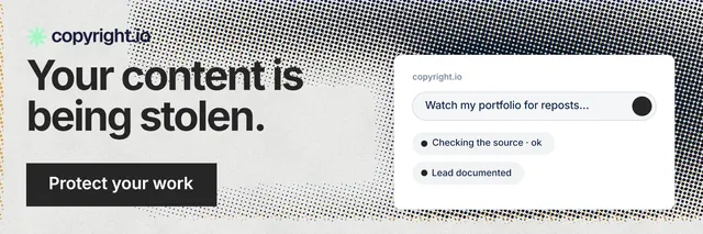 X header for copyright.io: "Your content is being stolen." Swiss style, skeleton layout, light palette in white, grey.