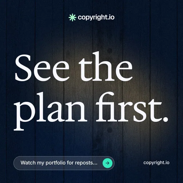 Instagram post for copyright.io: "See the plan first." Agentic glass style, poster layout, dark palette in blue, black, grey.